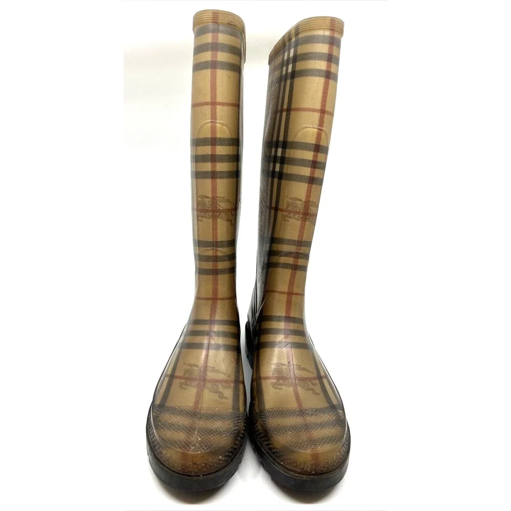 Burberry Rubber Rain Boots Women's Knee High Sz 7 Brown Novacheck Print Italy - Picture 2 of 9